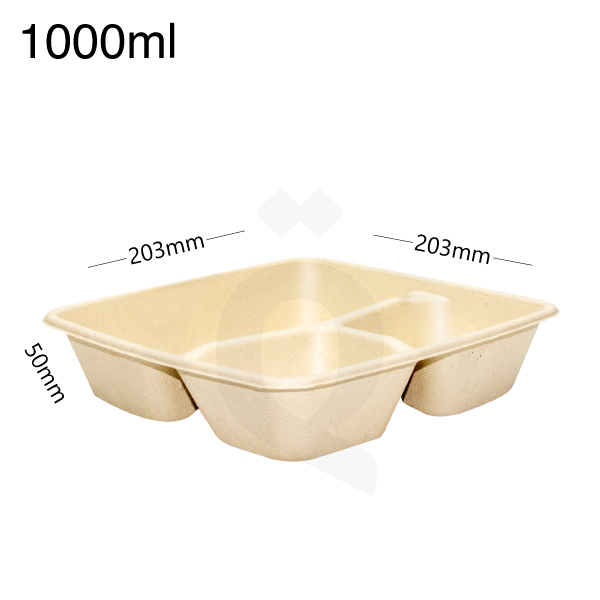 [004066] 1000ml Bagasse Sugarcane Square 3-compartment Food Bowl 300/ctn