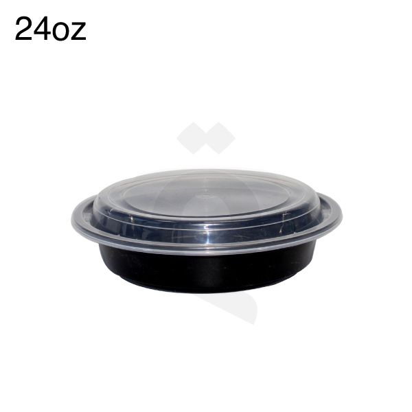 [006013] 24oz PP Plastic Black Round Bowl with Clear Lid 150/ctn