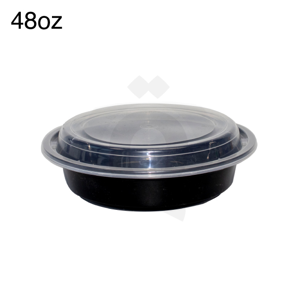 [006015] 48oz PP Plastic Black Round Bowl with Clear Lid 150/ctn