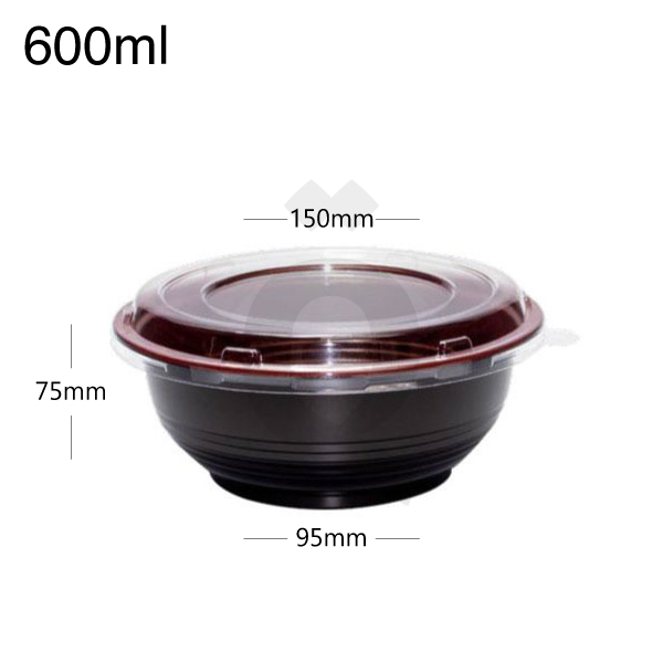 [006019] 600ml PP Plastic Round Black Bowl Clear Lid 240/ctn